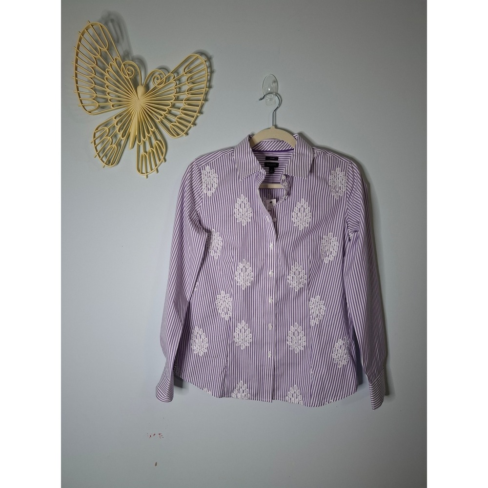 Talbots Non-Iron Purple Stripe Eyelet Embroidered Button Down Shirt 2